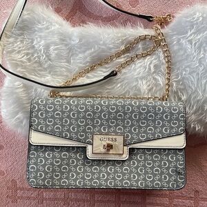 GUESS Monogram Gray and Gold Shoulder Bag